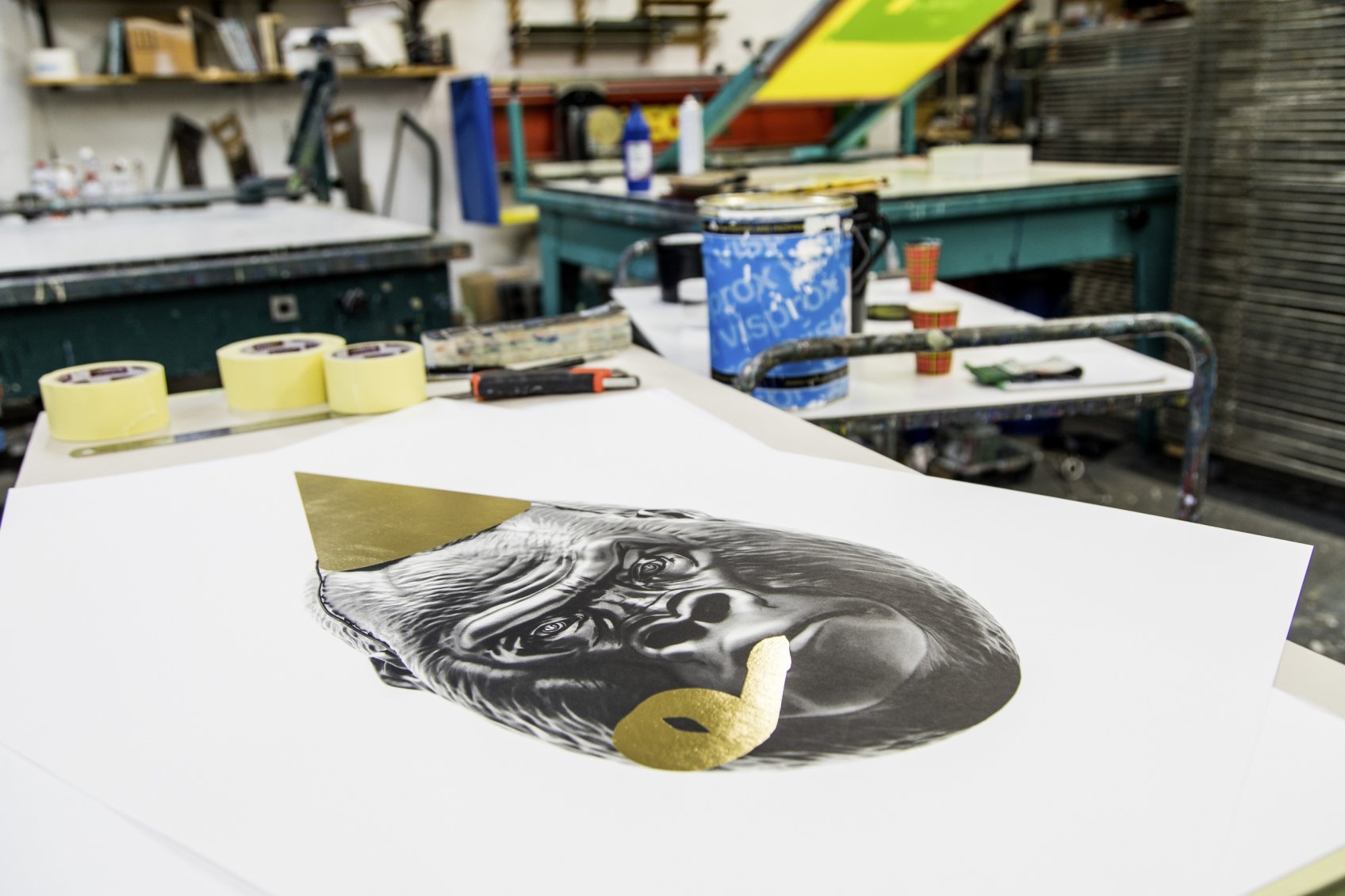 The small Big Bang screen print in the studio - Big Bang (edition, black/gold leaf), 2016 by Joseph Klibansky