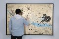 Can We Kiss Forever (gold/black, pastel pink and blue splash), 2020 by Joseph Klibansky