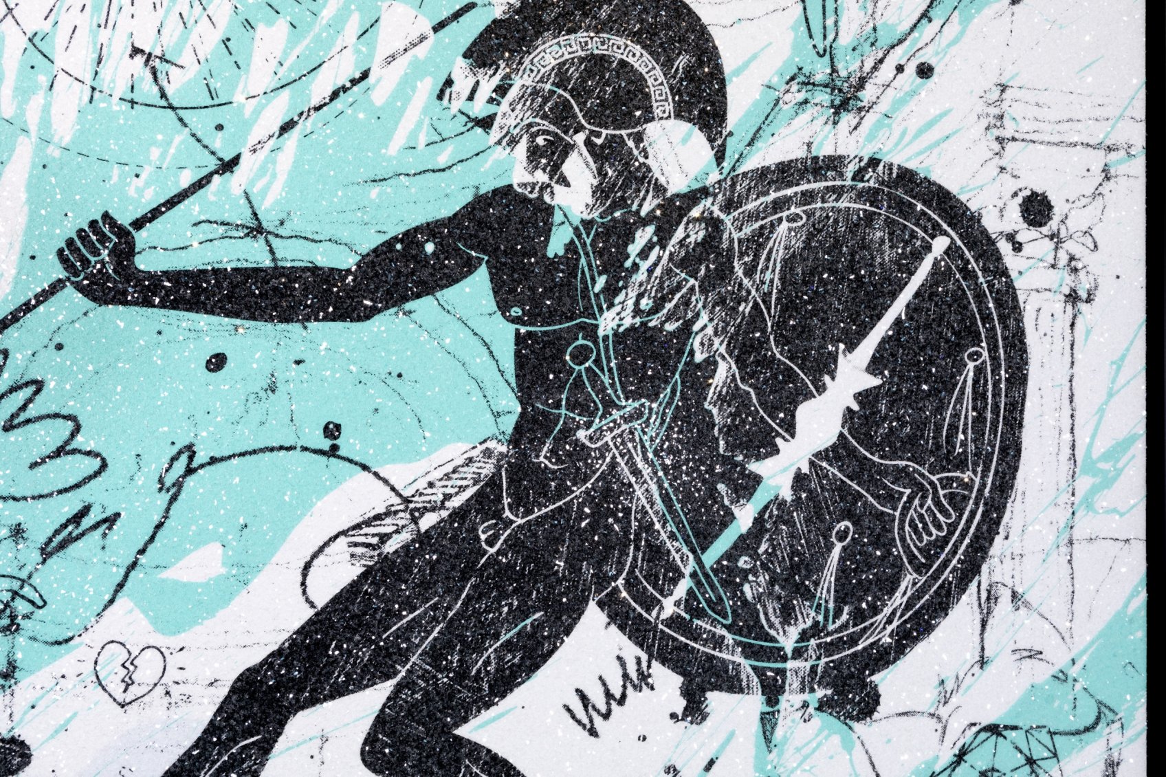Into my Heart (white/black, turquoise splash, diamond dust), 2021 by Joseph Klibansky