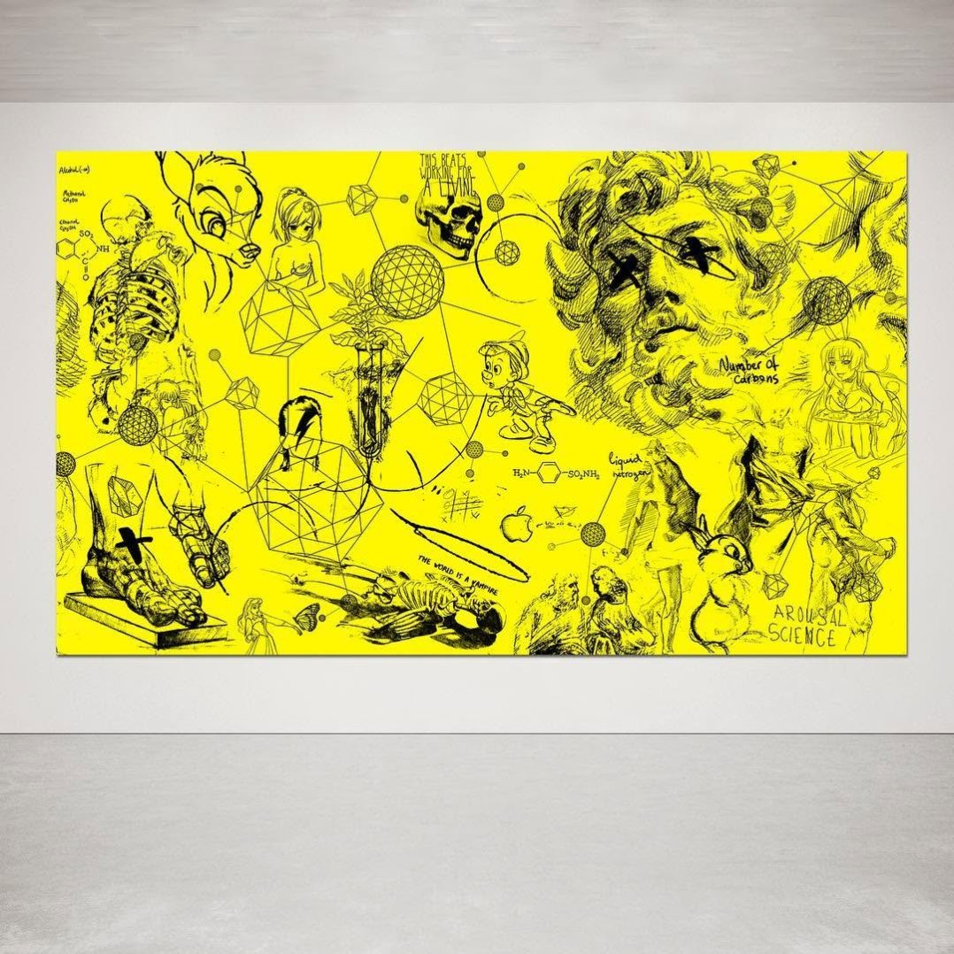 The first painting I ever made in my Thought Paintings series. The piece is called “Chemistry of Life” . Thought Paintings are my latest experimental research in two-dimensional expression.  Thoughts and emotions are always on the move in the frenetic contemporary world of the faster connections. In this digital age we are constantly bombarded with visual contents, every hour we grab our smartphone to check on the latest social media updates. Even when we don't use that, we are still exposed to brightly colored billboards and other forms of advertisement. When we choose to go offline for some quality down-time, we could anyway be exposed to brands around the house or childrens videos and games like Disney  I try to record it in fragments or pieces of text, in drawings and even in Disney symbols, familiar and destabilizing at the same time.  Elements from very different worlds are all of a sudden forced to engage in a dialogue with each other Have you ever tried to put your thoughts on a white paper? . #painting #contemporaryart #artbaselmiami
