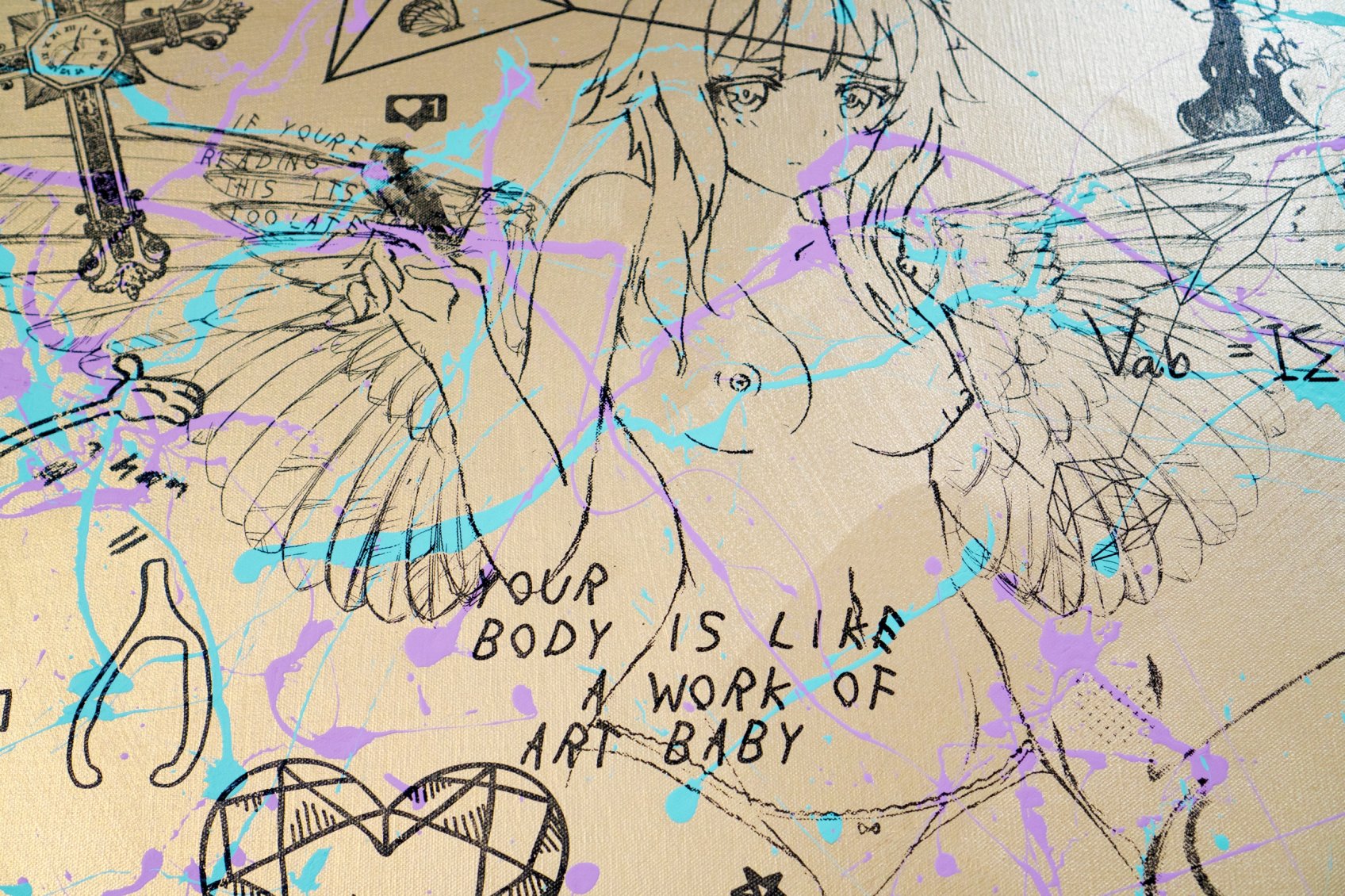 Your Body Is Like A Work Of Art Baby (gold/black, pastel pink and turquoise drips), 2018 by Joseph Klibansky